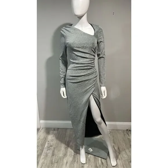 Alexis Admor Cutout Silver Ruched Shimmer Gown Size Small - Picture 4 of 10